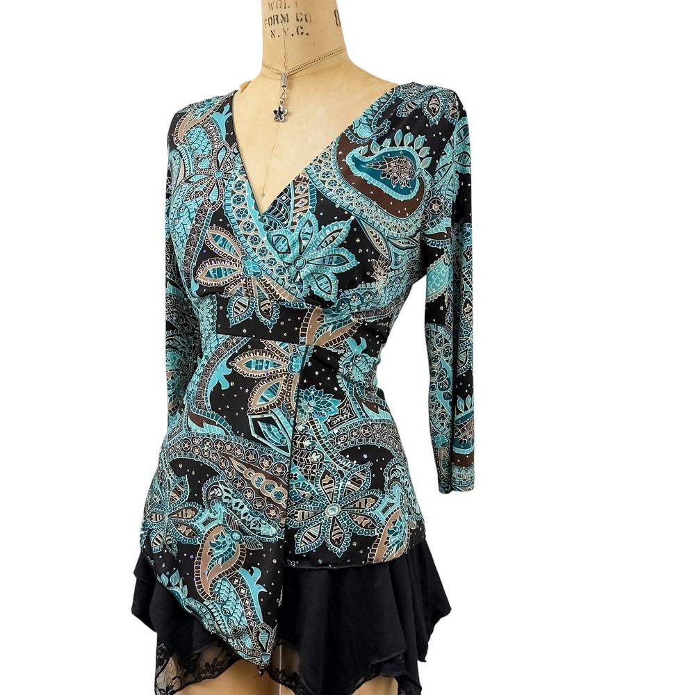 90s Retro Sequin Teal Paisley Wrap Top Asymmetrical Hem 80s Glamoratti Size M - Picture 6 of 8